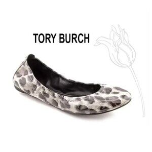 TORY BURCH Black Gray Snow Leopard EDDIE Patent Leather Ballet Flats